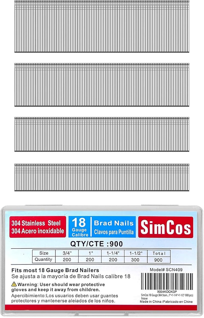 SimCos 18 Gauge 304 Stainless Steel Brad Nails 18 GA Nail Gun Nails Assorted and Small Finishing Nails for Pneumatic, Electric Brad Nailer (3/4"+1"+1-1/4"+1-1/2"-900 pcs) - Image 1